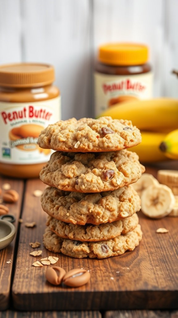 Peanut Butter Banana Oatmeal Cookies stacked on a wooden surface with jars of peanut butter and bananas in the background.