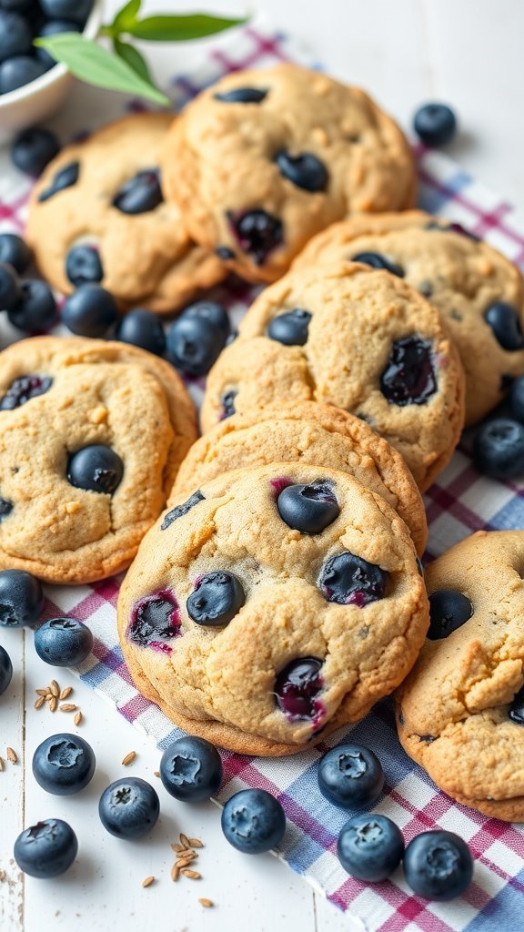 Delicious blueberry breakfast cookies with fresh blueberries scattered around.