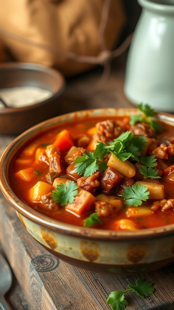 A bowl of hearty vegetable chili with cilantro on top