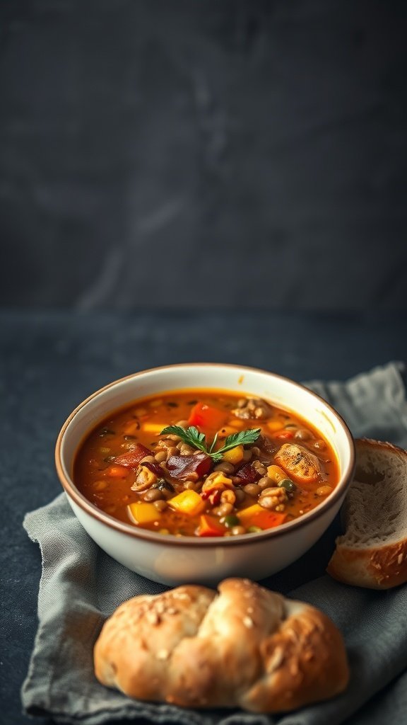 A bowl of spicy lentil soup with vegetables and herbs, served with bread.