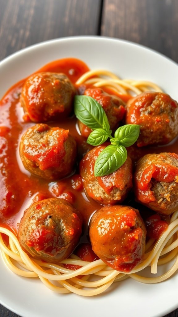 A plate of meatballs in marinara sauce served with spaghetti