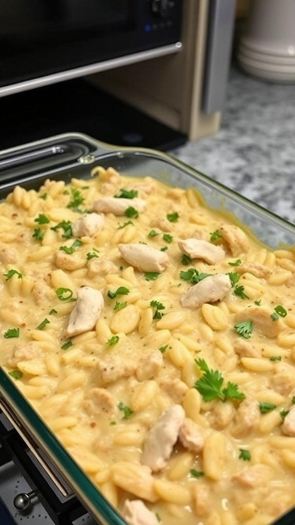 Creamy Chicken and Rice Casserole in a dish, garnished with parsley.