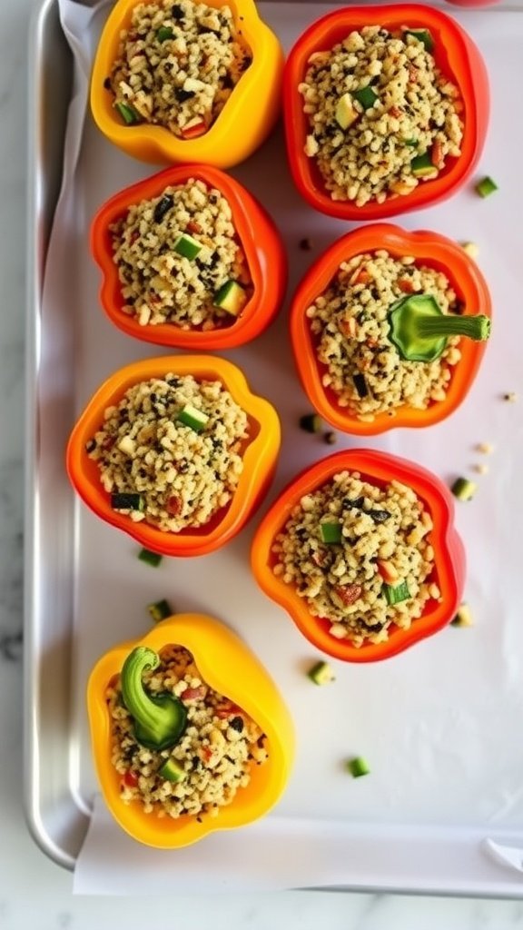 Colorful stuffed bell peppers filled with rice and veggies