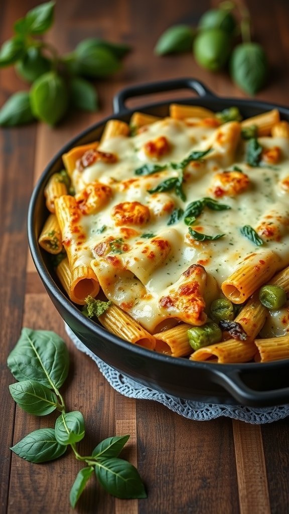 A delicious pesto pasta bake with melted cheese and fresh basil leaves.