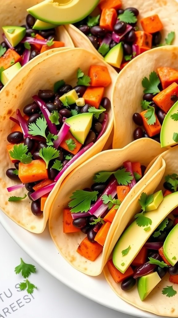 Black bean and sweet potato tacos with fresh toppings