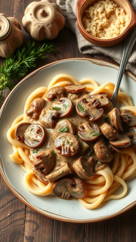 A plate of creamy vegetarian mushroom stroganoff served with pasta.