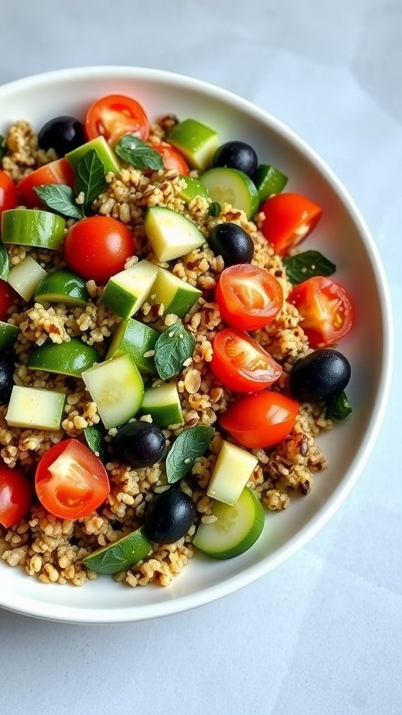 A colorful Mediterranean quinoa salad featuring fresh vegetables and herbs.