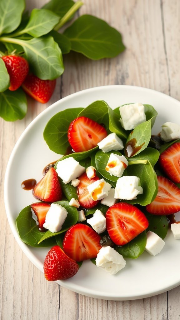 A vibrant spinach strawberry salad with feta cheese and walnuts.