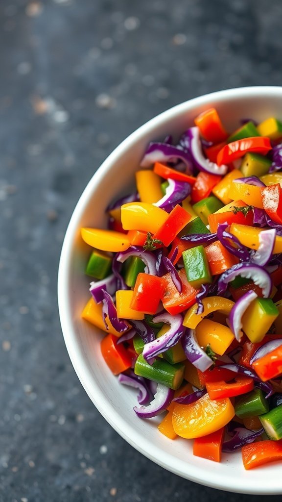 A colorful bowl of chopped vegetables including bell peppers, red cabbage, and onions.