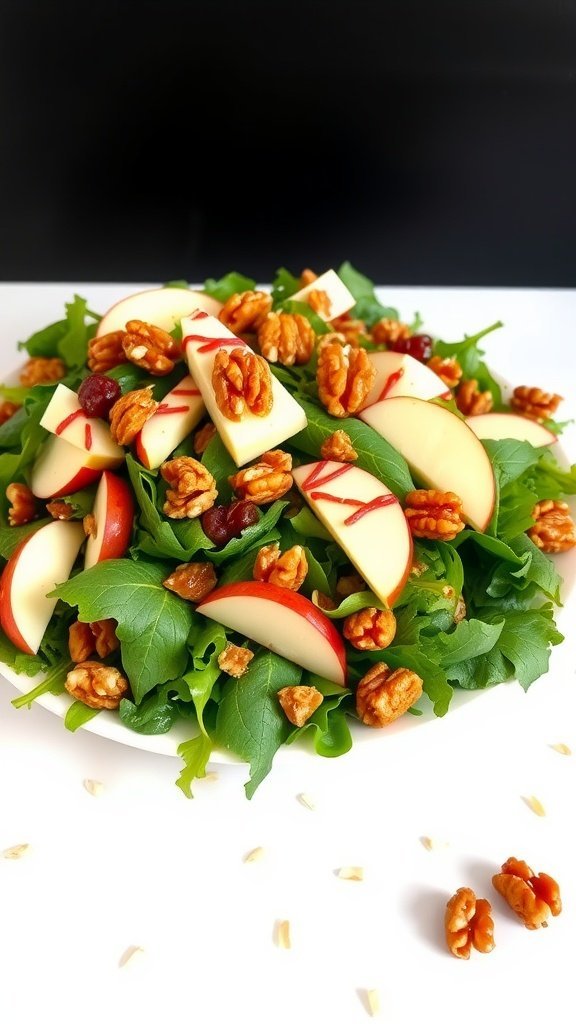 A colorful apple walnut chopped salad with greens, sliced apples, walnuts, and cranberries.