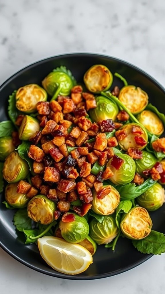 A delicious and colorful Crispy Brussels Sprouts Chopped Salad with greens, tomatoes, and bacon.