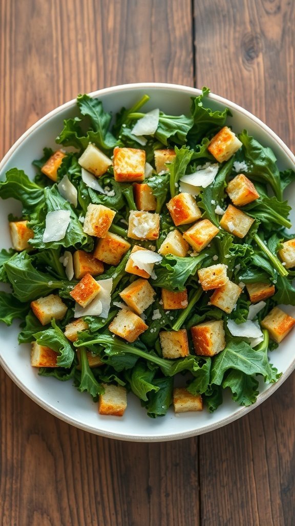 A bowl of Kale Caesar Chopped Salad topped with croutons and Parmesan cheese.