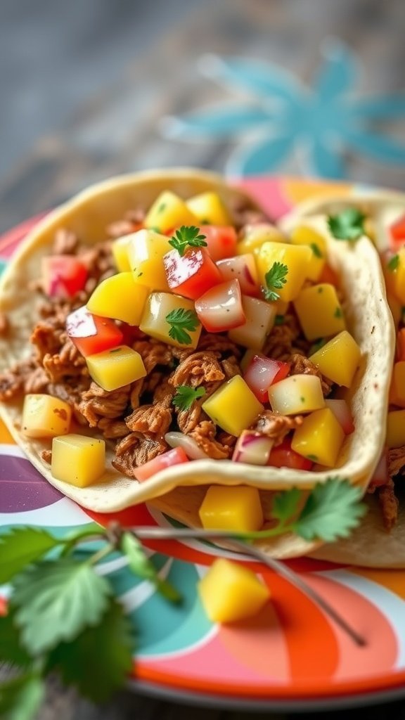 Pulled pork tacos topped with pineapple salsa