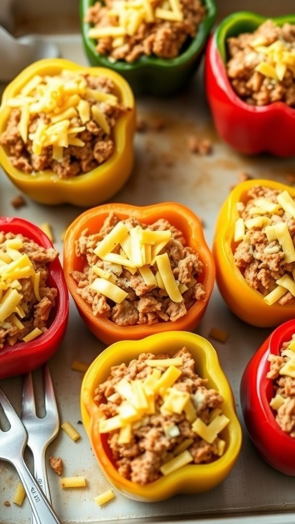 Colorful bell peppers stuffed with pulled pork and cheese.