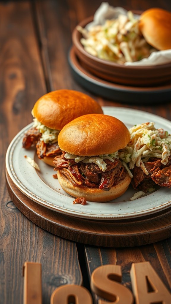 Smoky BBQ pulled pork sandwiches with coleslaw on a wooden table.