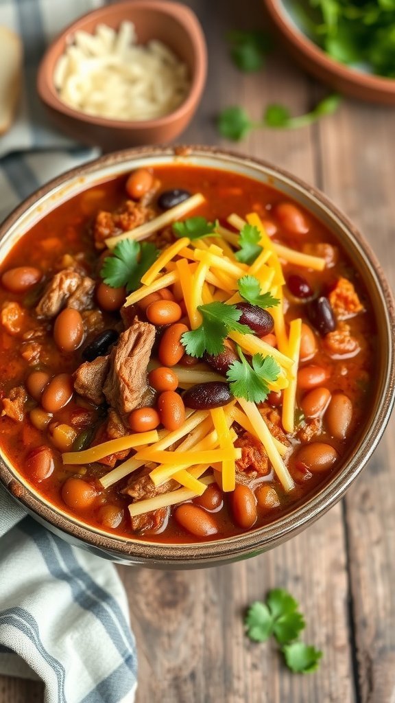 A bowl of pulled pork chili topped with cheese and cilantro, served with additional toppings on the side.