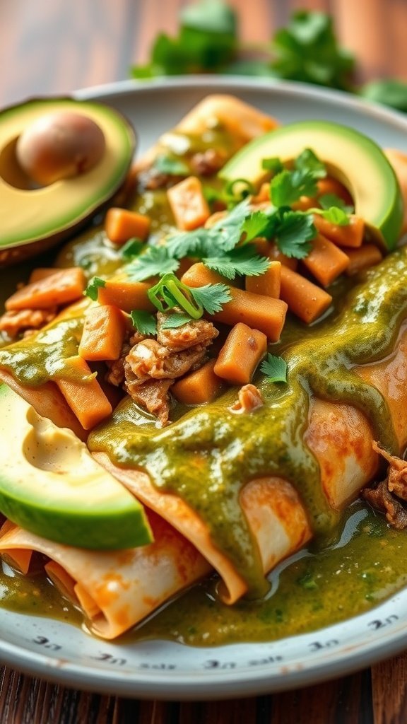 A plate of pulled pork enchiladas topped with green sauce, avocado, and cilantro.