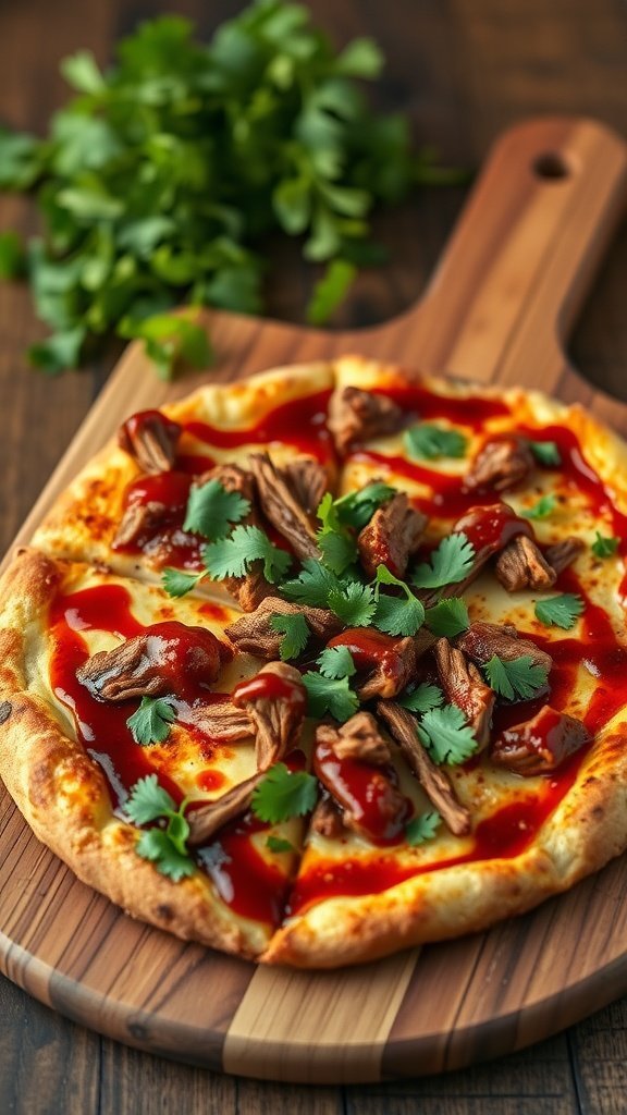 A delicious pulled pork pizza topped with BBQ sauce and cilantro.