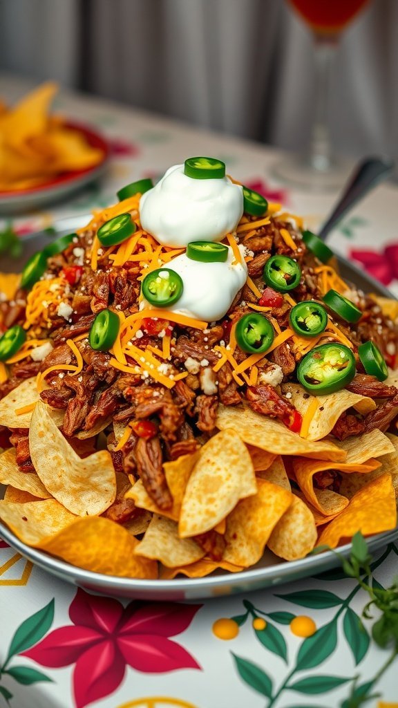 Plate of pulled pork nachos topped with jalapeños, cheese, and sour cream.