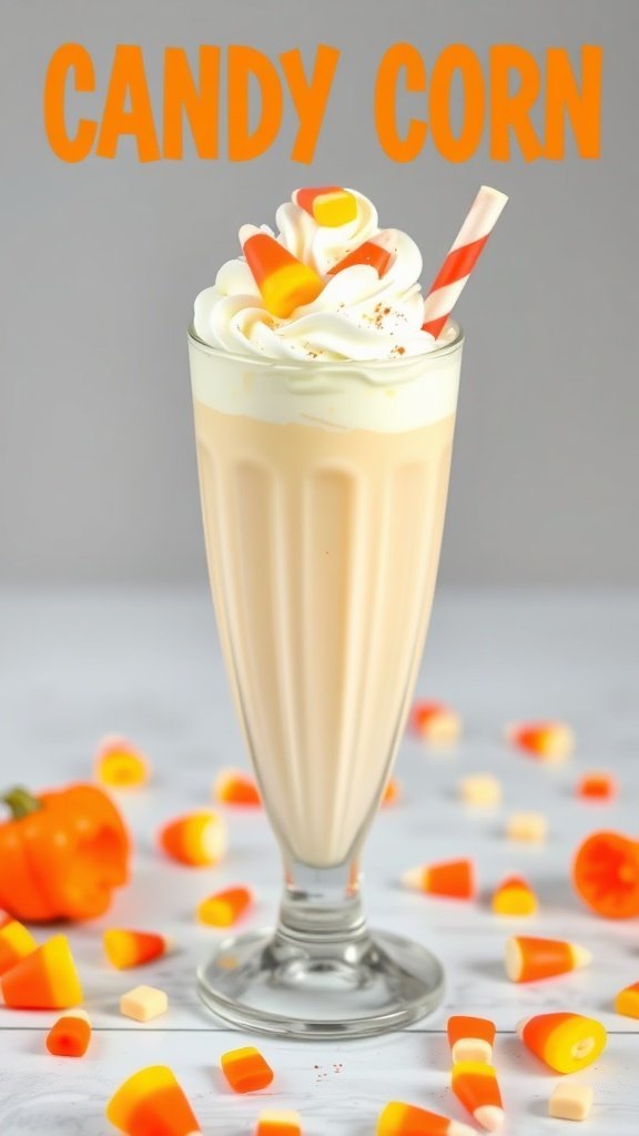 A delicious candy corn milkshake topped with whipped cream and candy corn.