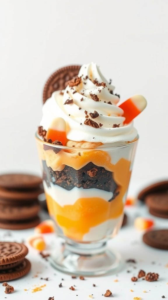 A colorful Candy Corn Gelato Parfait layered with gelato, cookies, and whipped cream.