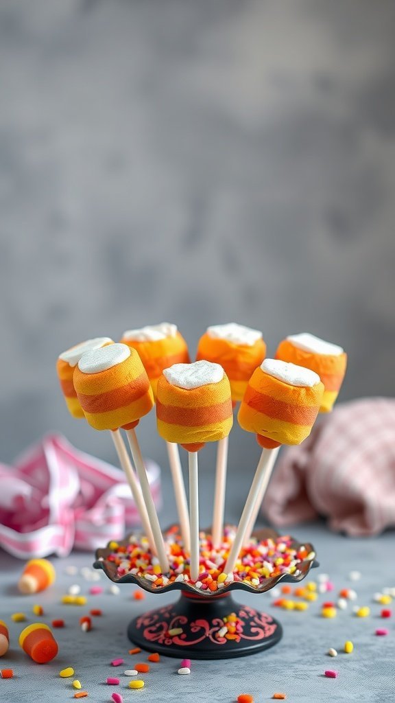 Candy Corn Marshmallow Pops displayed on a decorative stand.