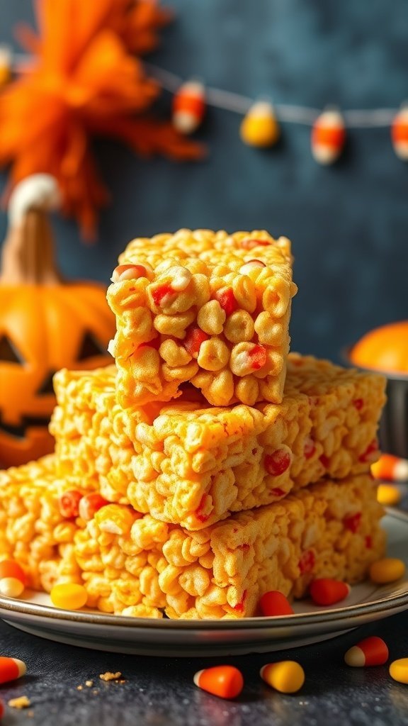 Candy Corn Rice Krispie Treats stacked on a plate, surrounded by candy corn and festive decorations.