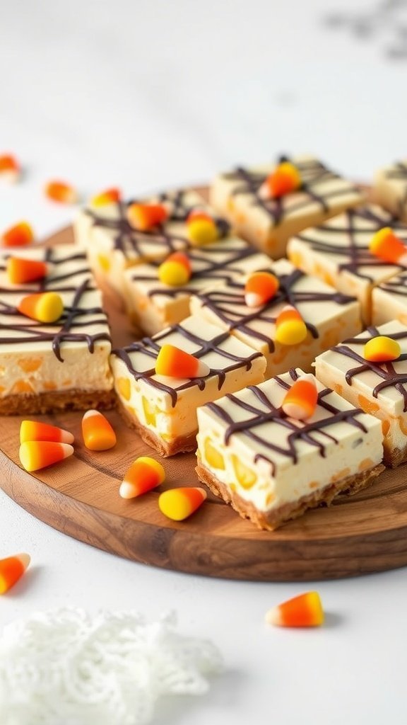 Delicious candy corn cheesecake bars topped with chocolate drizzle and candy corn pieces.