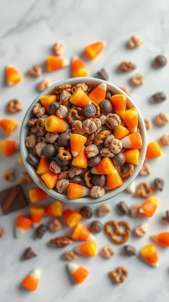 A colorful bowl of candy corn trail mix featuring candy corn, pretzels, chocolate candies, nuts, and popcorn.