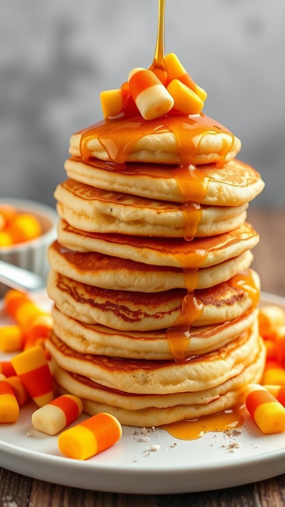 A stack of fluffy pancakes topped with candy corn and syrup.