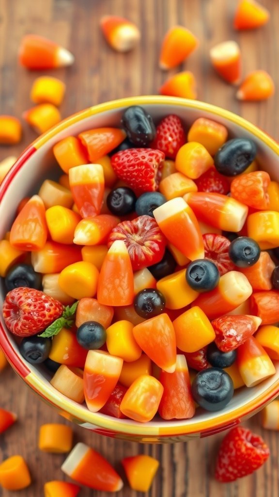 Colorful Candy Corn Fruit Salad with strawberries, blueberries, and melons.