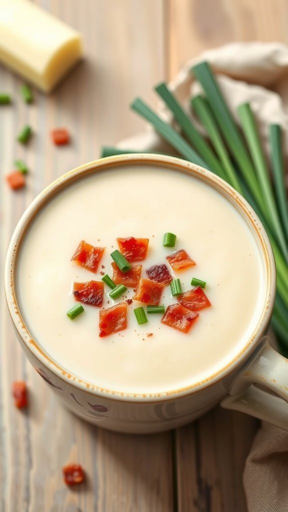 A bowl of creamy potato leek soup topped with chives and bacon bits.