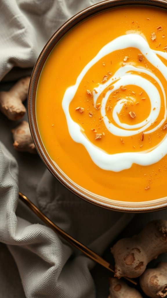 A bowl of creamy butternut squash ginger soup, garnished with a swirl of cream and small pieces of ginger.