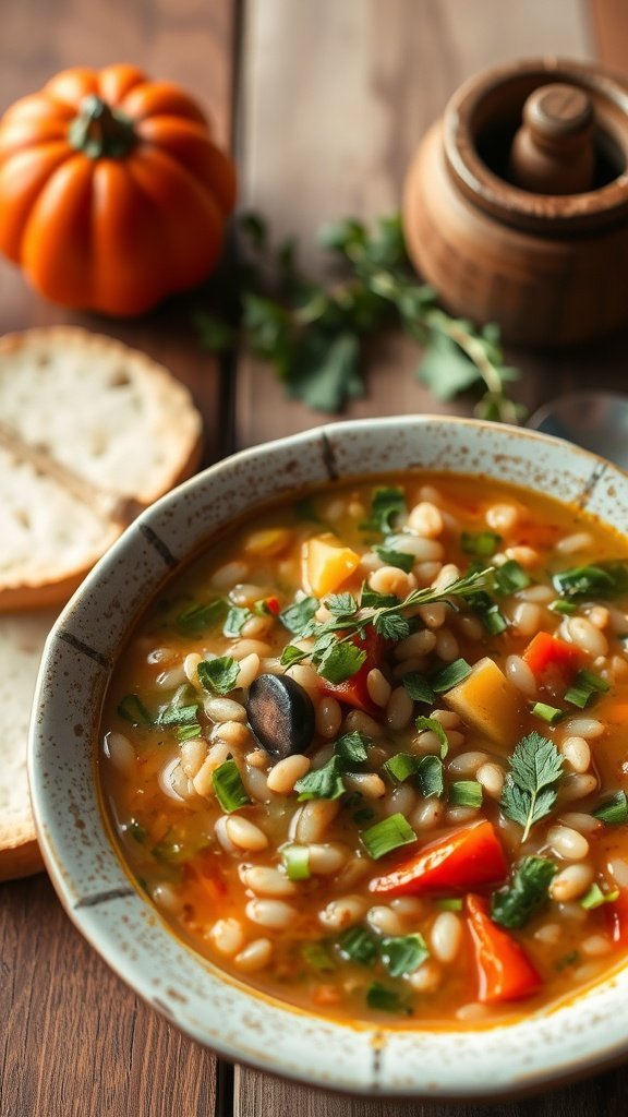 A bowl of hearty vegetable barley soup garnished with fresh herbs.