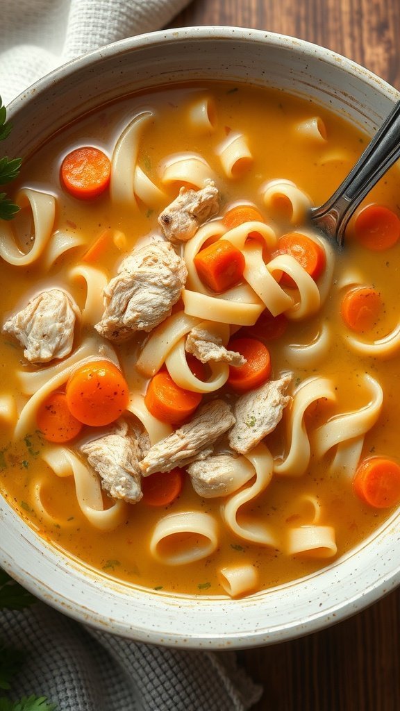 A bowl of classic chicken noodle soup with noodles, carrots, and shredded chicken.