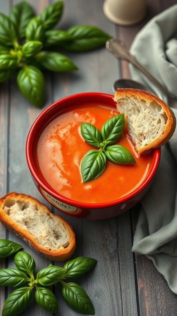 A bowl of creamy tomato basil soup garnished with fresh basil leaves and served with slices of crusty bread.