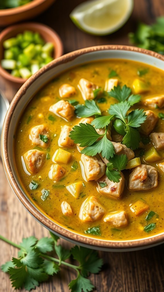 A bowl of Chili Verde with Pork garnished with cilantro.