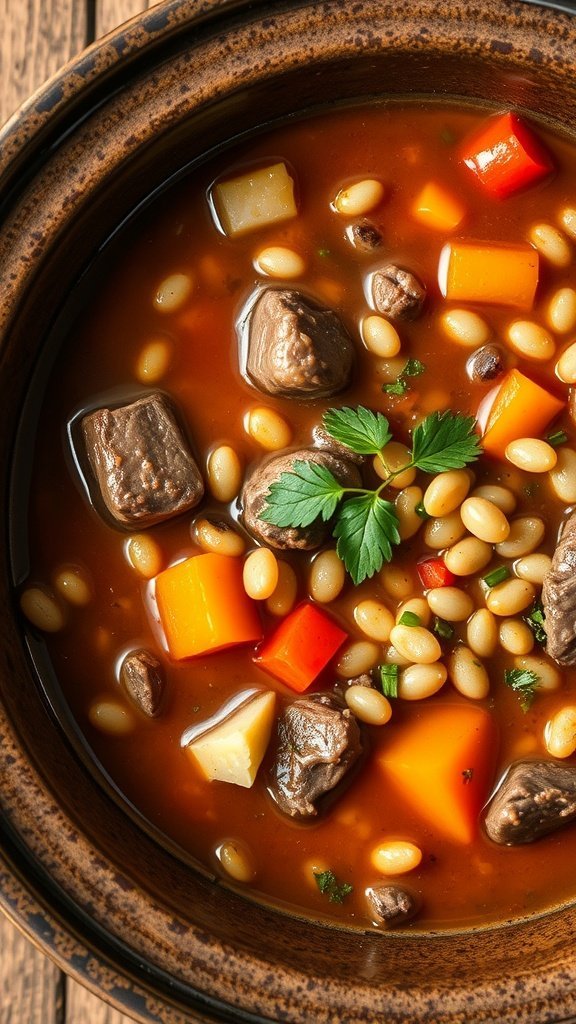 A bowl of hearty beef and barley soup with colorful vegetables and herbs on top