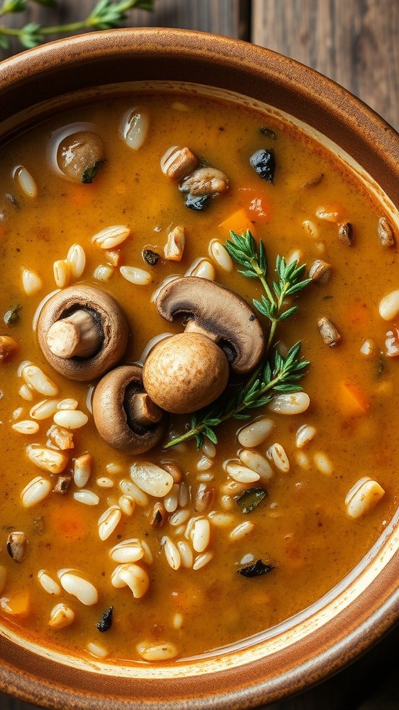 A warm bowl of mushroom and wild rice soup with sliced mushrooms and herbs