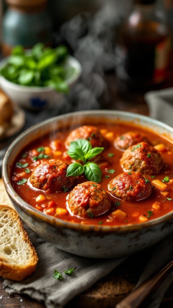 A hearty bowl of Sicilian Meatball Soup with meatballs in tomato broth, garnished with basil, and a slice of bread on the side.