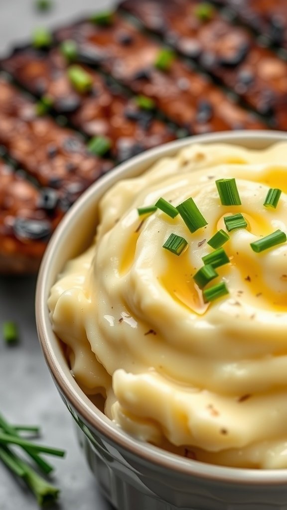 A bowl of creamy garlic mashed potatoes topped with chives, beside a grilled steak.