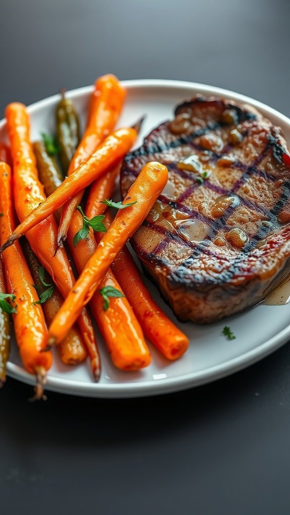 A plate featuring honey glazed carrots alongside a grilled steak.