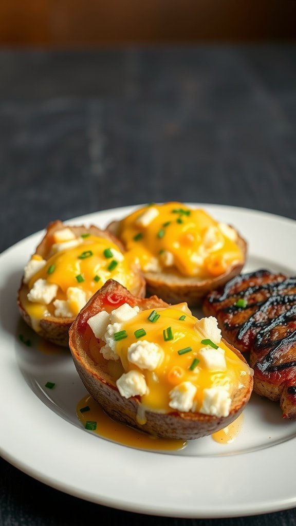 A plate of twice-baked cheese and chive potatoes served alongside grilled steak.