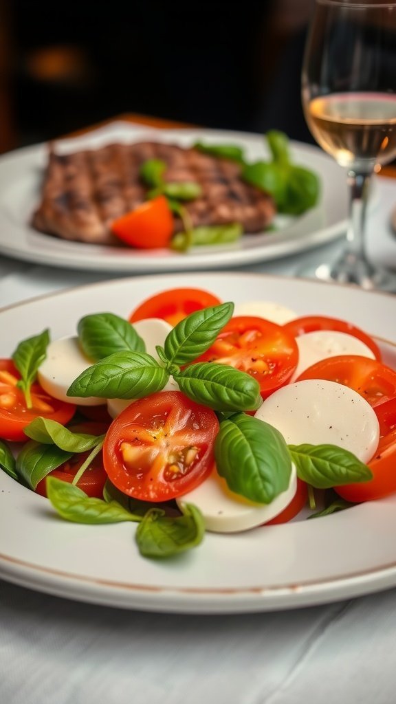 A plate of Caprese salad featuring sliced tomatoes, mozzarella cheese, and fresh basil leaves.