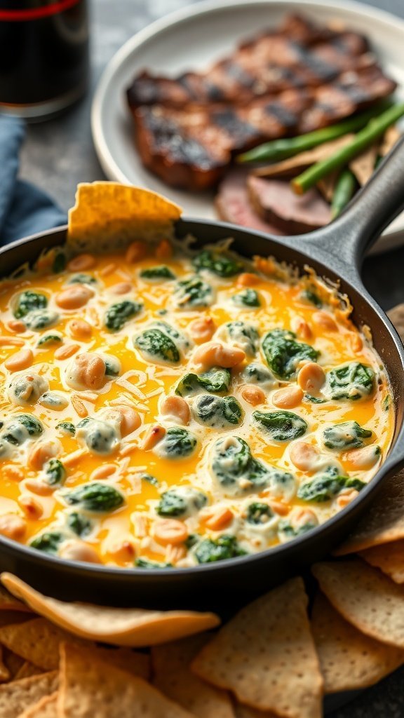 A cast-iron skillet filled with creamy spinach and artichoke dip, surrounded by tortilla chips, with grilled steak and green beans in the background.