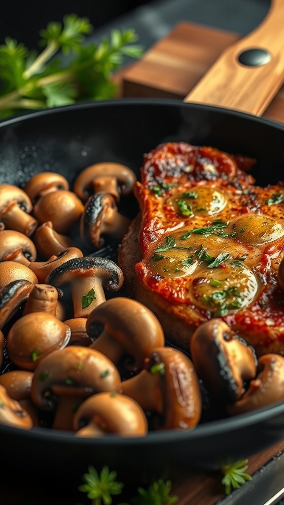 A pan with sautéed mushrooms in garlic butter next to a steak