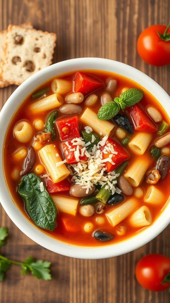 A bowl of minestrone soup with colorful vegetables and pasta, garnished with fresh herbs.