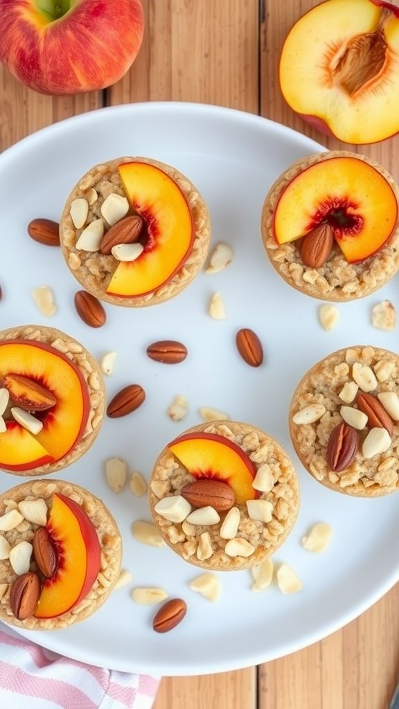 Baked peach and almond oatmeal cups arranged on a plate.