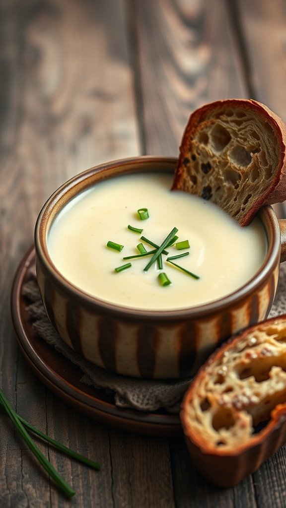 A bowl of creamy potato leek soup garnished with chives and served with a slice of bread.