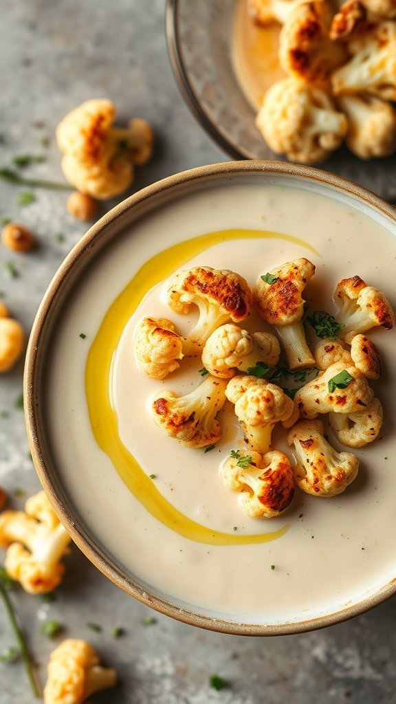 A creamy bowl of roasted cauliflower soup garnished with roasted cauliflower florets and a drizzle of olive oil.